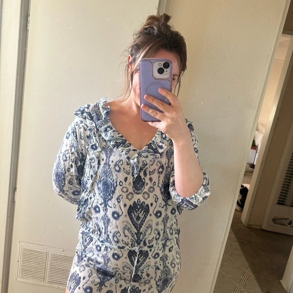 Blue & White Printed V-Neck Ruffle Mini Dress - Picture 2 of 2